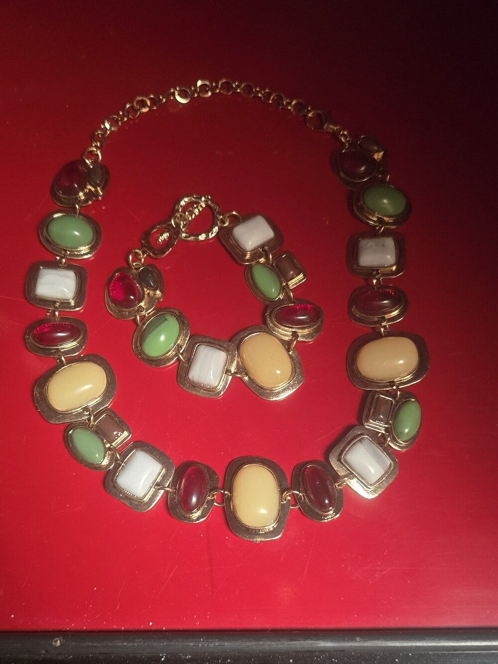 Bold Polished Multi Colored Stone Gems  Statement Necklace Matching Bracelet Set